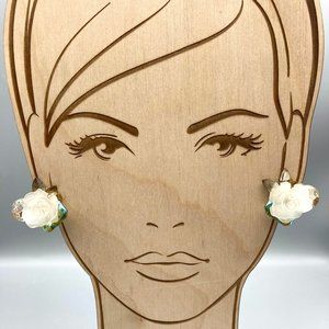 Coquette White Rose Statement Earrings, Vintage Floral Clip Ons with Acrylic